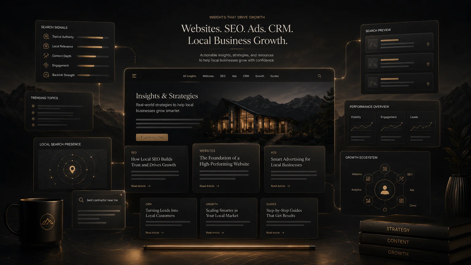 Premium editorial insights visual for websites, SEO, ads, CRM, and local business growth content.