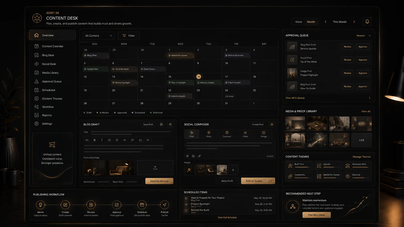 Content Desk concept with calendar, blog draft, social composer, approval queue, proof library, and scheduled items.