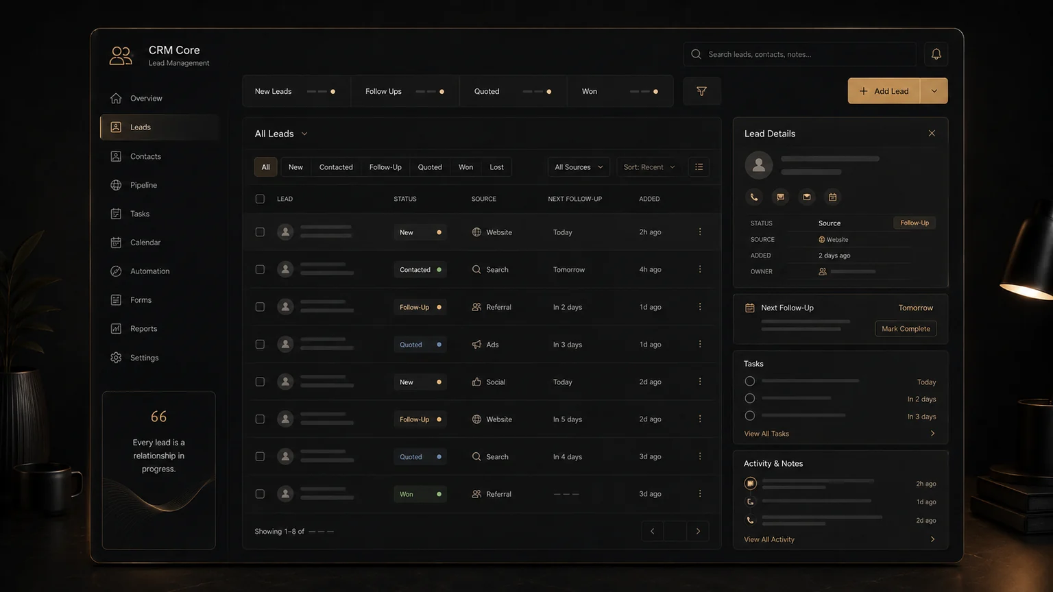 CRM Core lead management dashboard concept with lead statuses, source visibility, follow-up tasks, and notes.