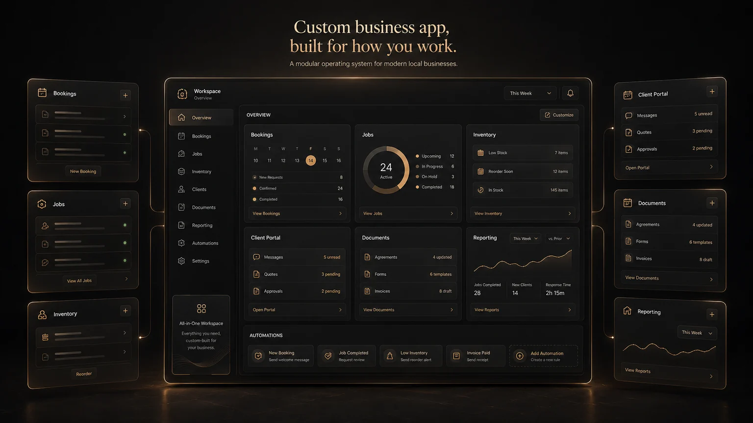 Custom business app dashboard concept with bookings, jobs, inventory, client portal, documents, reporting, and automations.