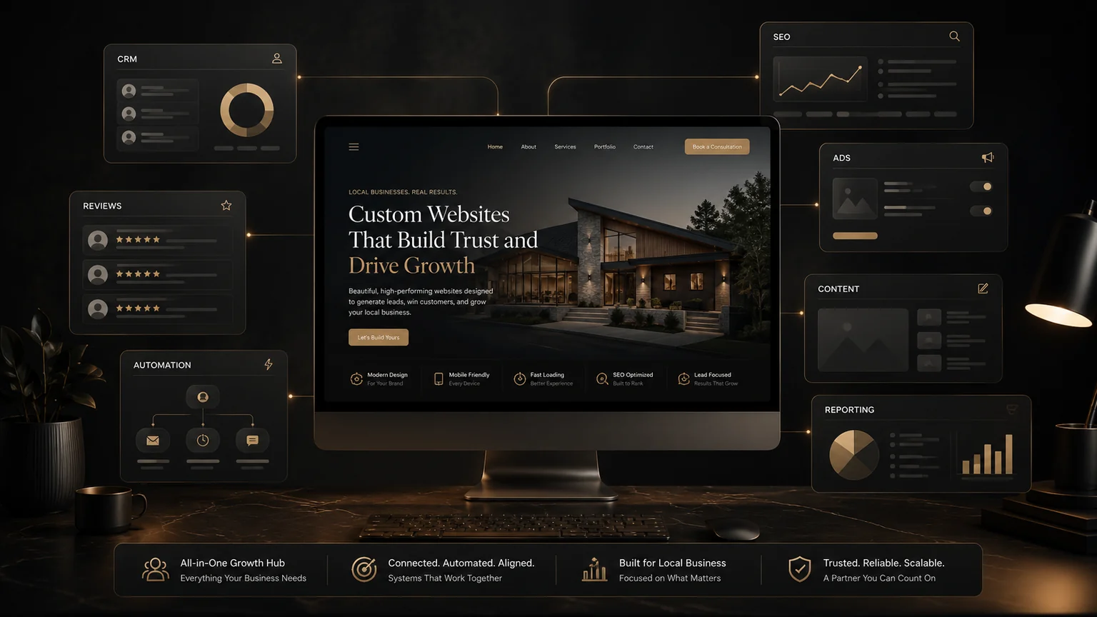 Growth Hub system visual showing a premium website connected to CRM, SEO, ads, reviews, automation, content, and reporting panels.