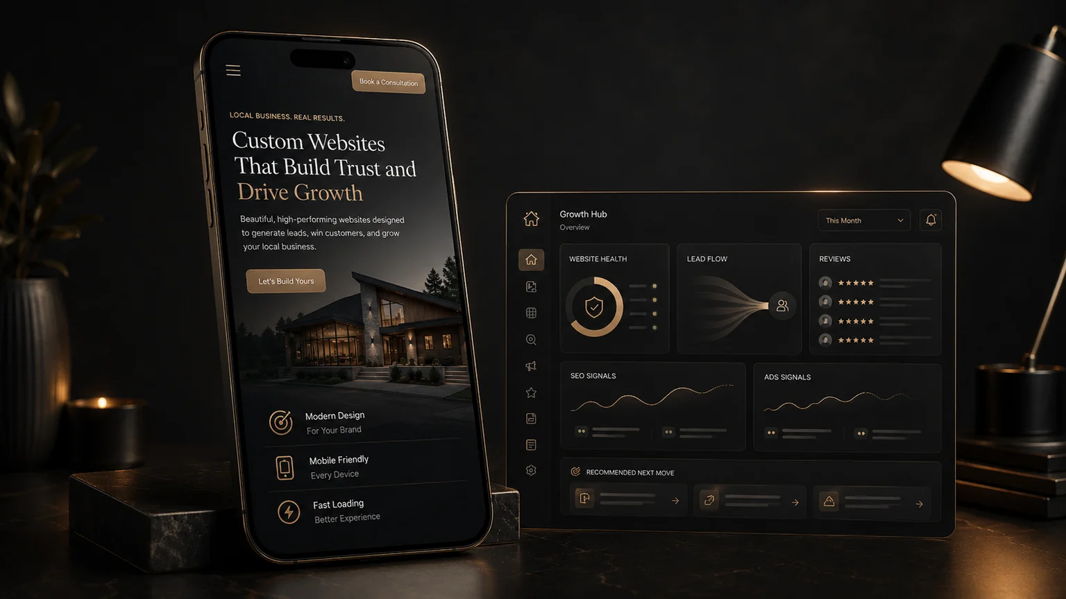 Mobile website mockup beside a Growth Hub dashboard concept for responsive local business systems.