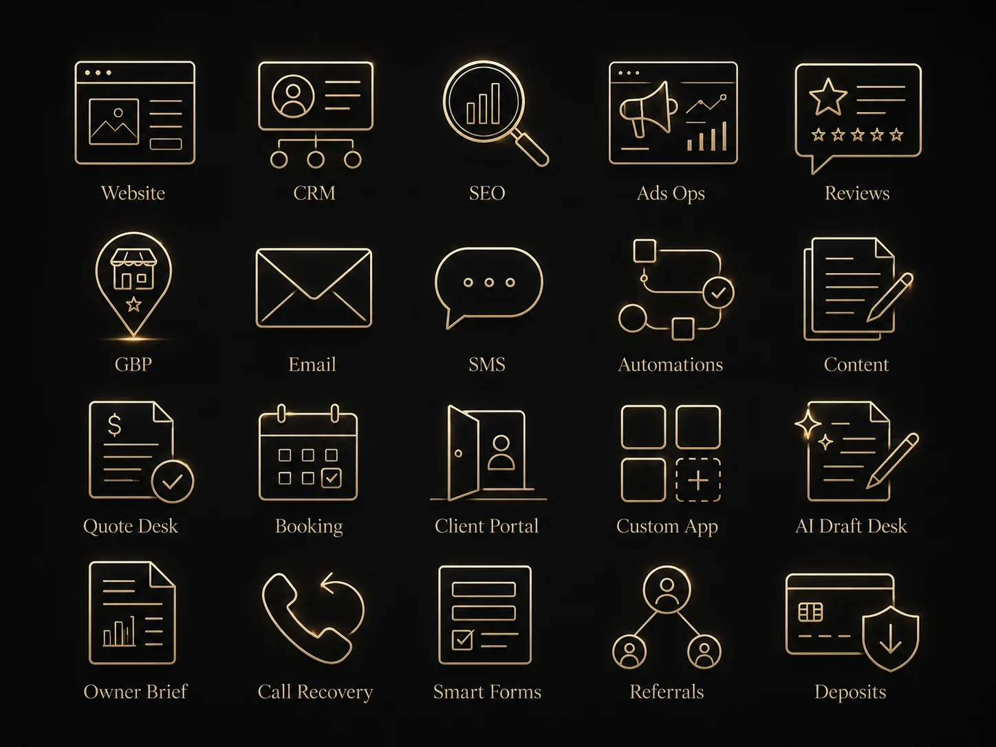 Cohesive Growth Hub module icon set in a premium gold and ivory line style.