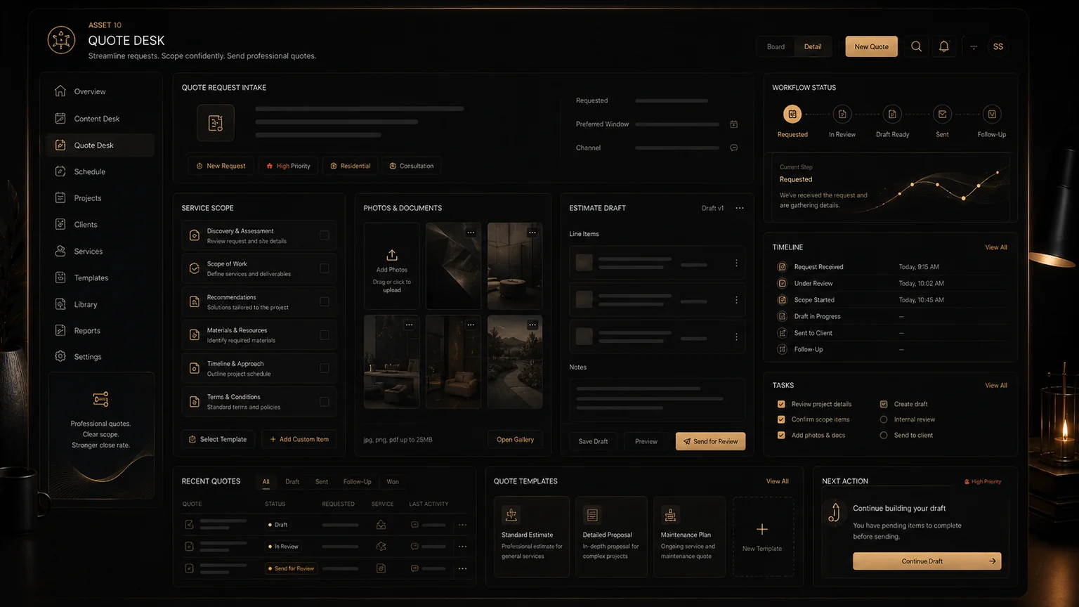 Quote Desk workflow concept for scope intake, photos, documents, estimate draft, status, and follow-up.