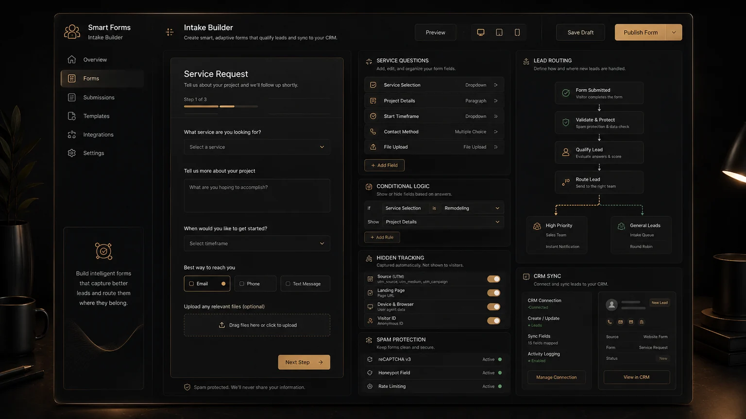 Smart intake form builder concept with service questions, hidden tracking, spam protection, lead routing, and CRM sync.